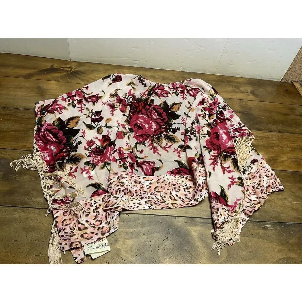 Aratta Silent Journey Women's Sheer Floral Kimono Shawl with Fringe One Size